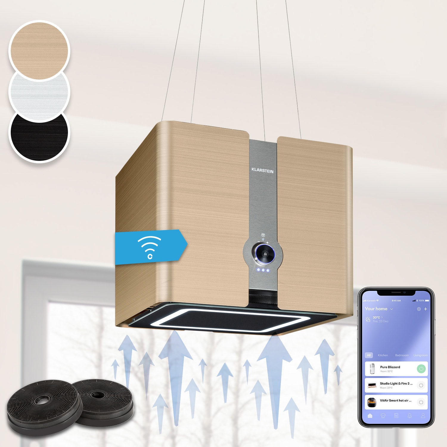 10038708_uk_0001_main___ Klarstein Futurelight Smart, digestor, 42 cm, ostrovčekový, 413 m³/h, LED, nehrdzavejúca oceľ, čierny
