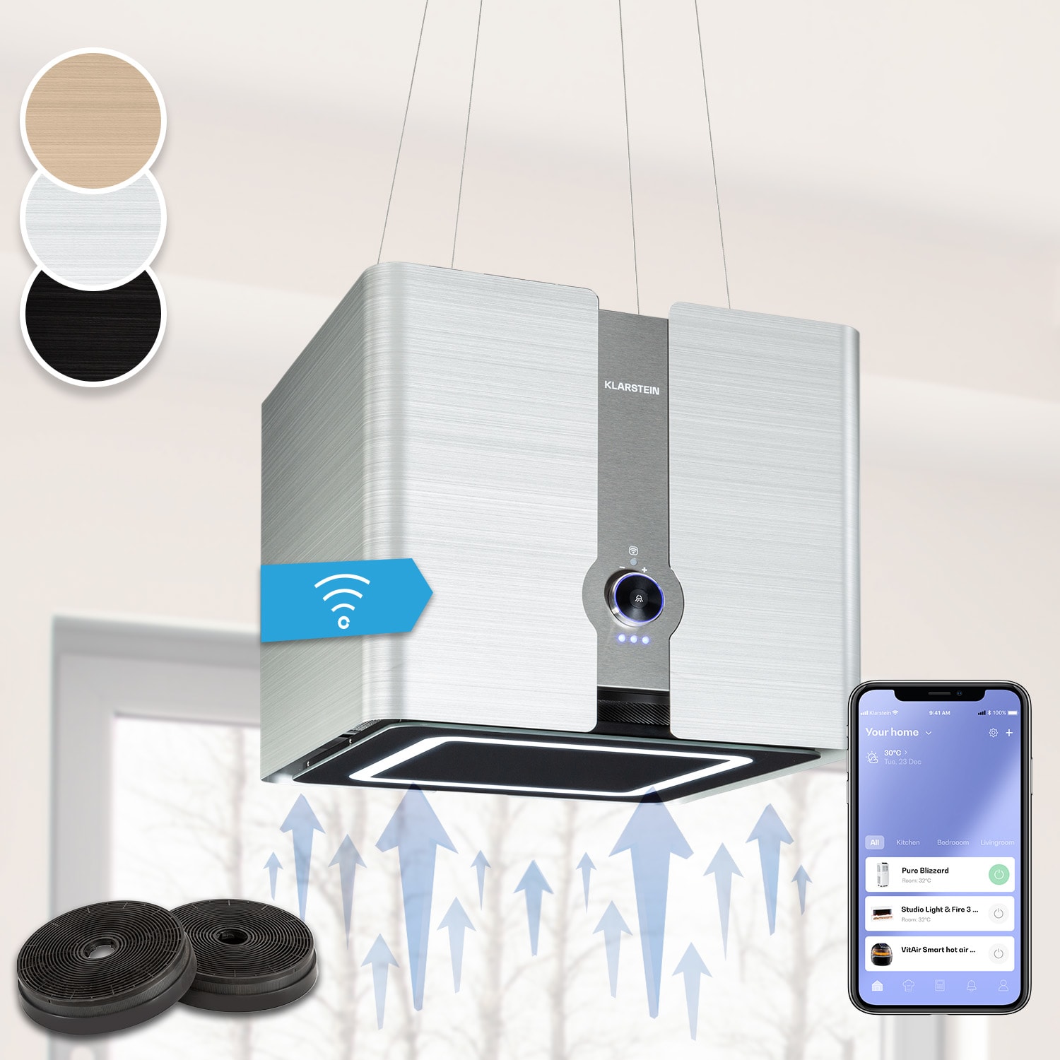 10038710_uk_0001_main___ Klarstein Futurelight Smart, digestor, 42 cm, ostrovčekový, 420 m³/h, LED, nehrdzavejúca oceľ, čierny