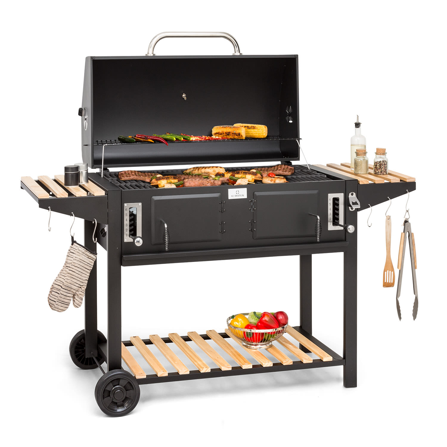 10040293_yy_0001_titel___ Klarstein Aberdeen Double Charcoal Grill Smoker Teplomer 2 bočné stoly mobilné