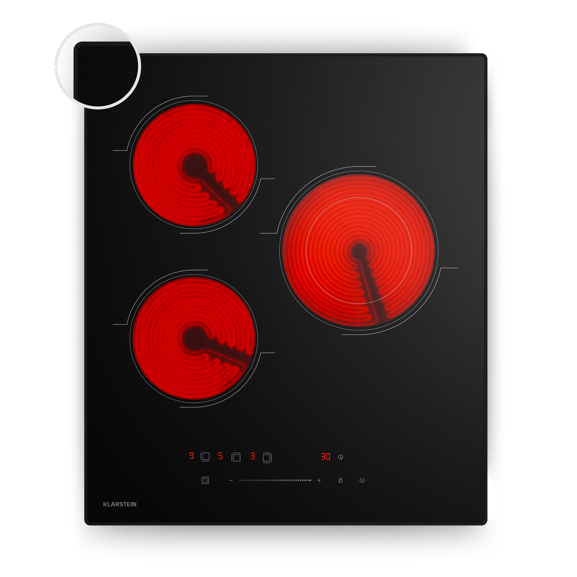 10047442_yy_0001_titel___ Klarstein Velaire sklokeramická varná doska | Elegantná, minimalistická, úsporná na priestor | 3 varné zóny | 4100 W | 45 cm
